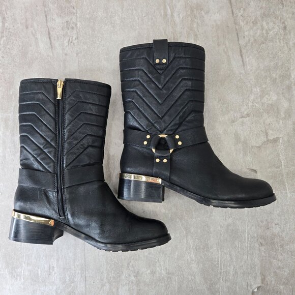 Vince Camuto Harness Moto Boots 8.5 Black Quilted Leather Western Biker Booties - Picture 5 of 13